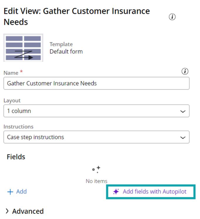 Pega Autopilot View Fields