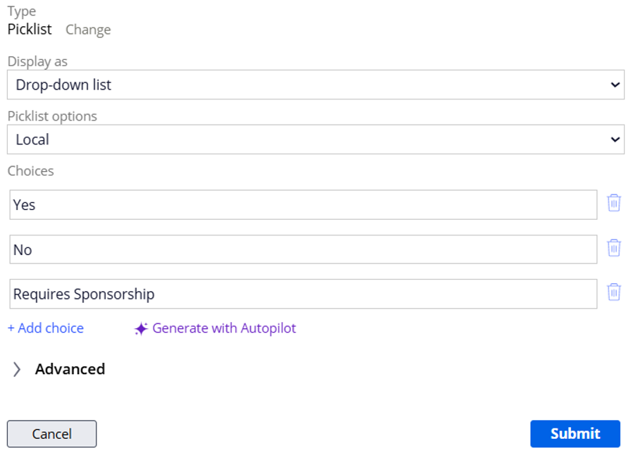 Picklists with Pega Autopilot
